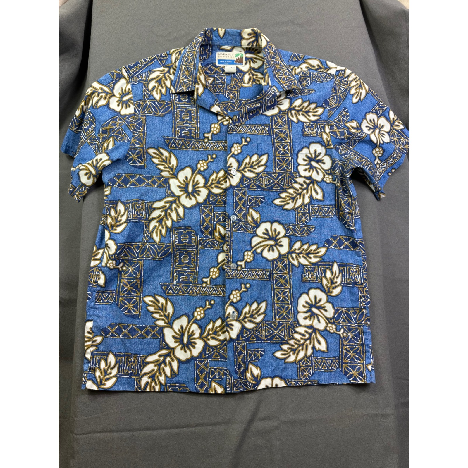 Makapuu Sportswear Men Blue Hawaiian Hibiscus Print Button Shirt Made Hawaii M